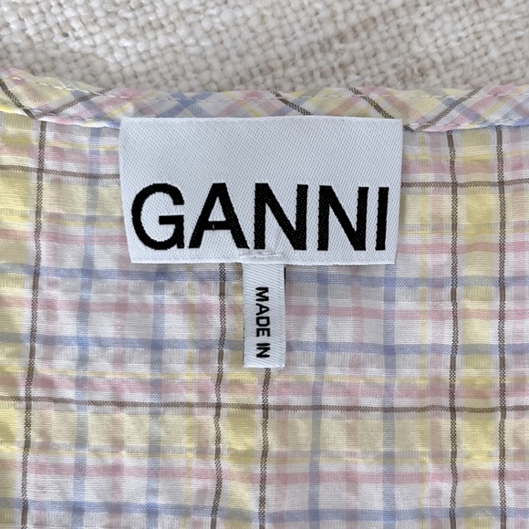 GANNI | Puff Sleeve V-Neck Plaid Check Seersucker Top - Picture 9 of 16